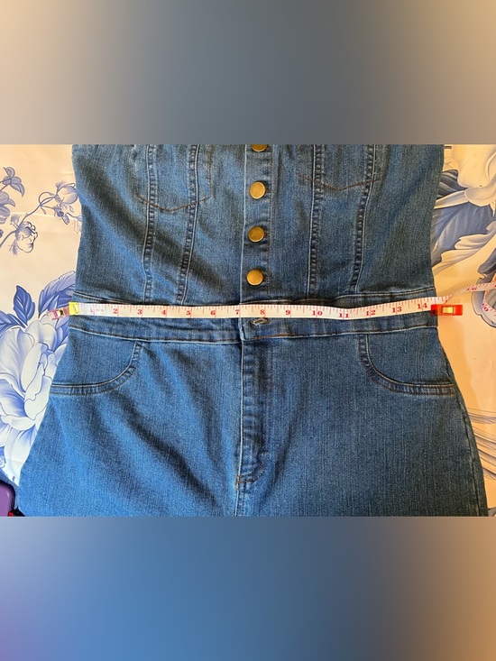 Strapless High-Rise Denim Jumpsuit in Blue - Picture 11 of 16